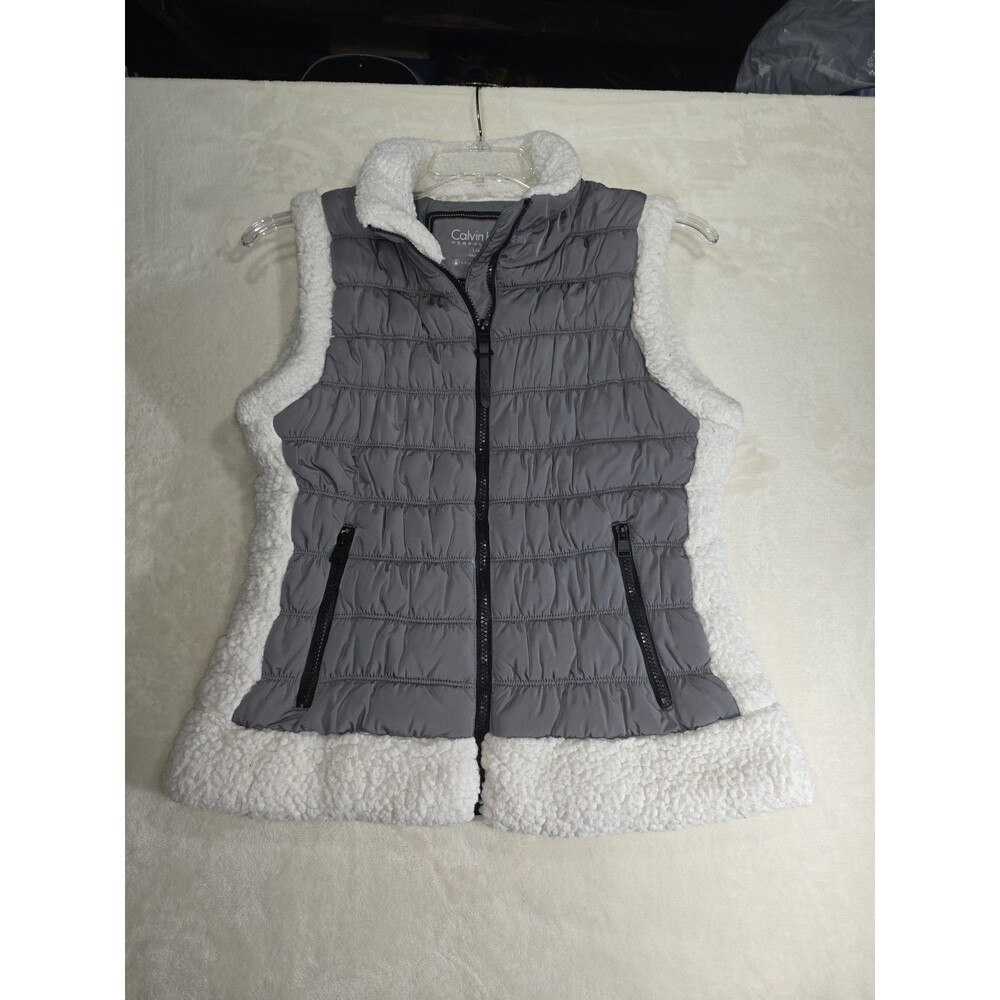 Calvin Klein Performance Vest Womens Large Gray Puffer Sherpa Fleece Trim Zip